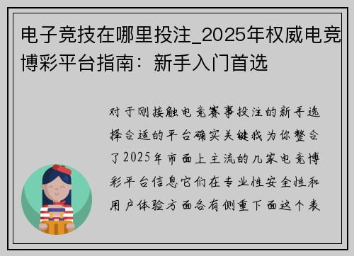 电子竞技在哪里投注_2025年权威电竞博彩平台指南：新手入门首选
